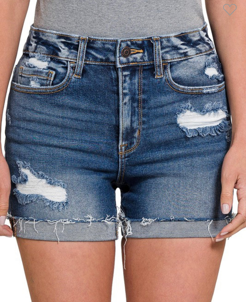 Distressed Denim Shorts-Dark