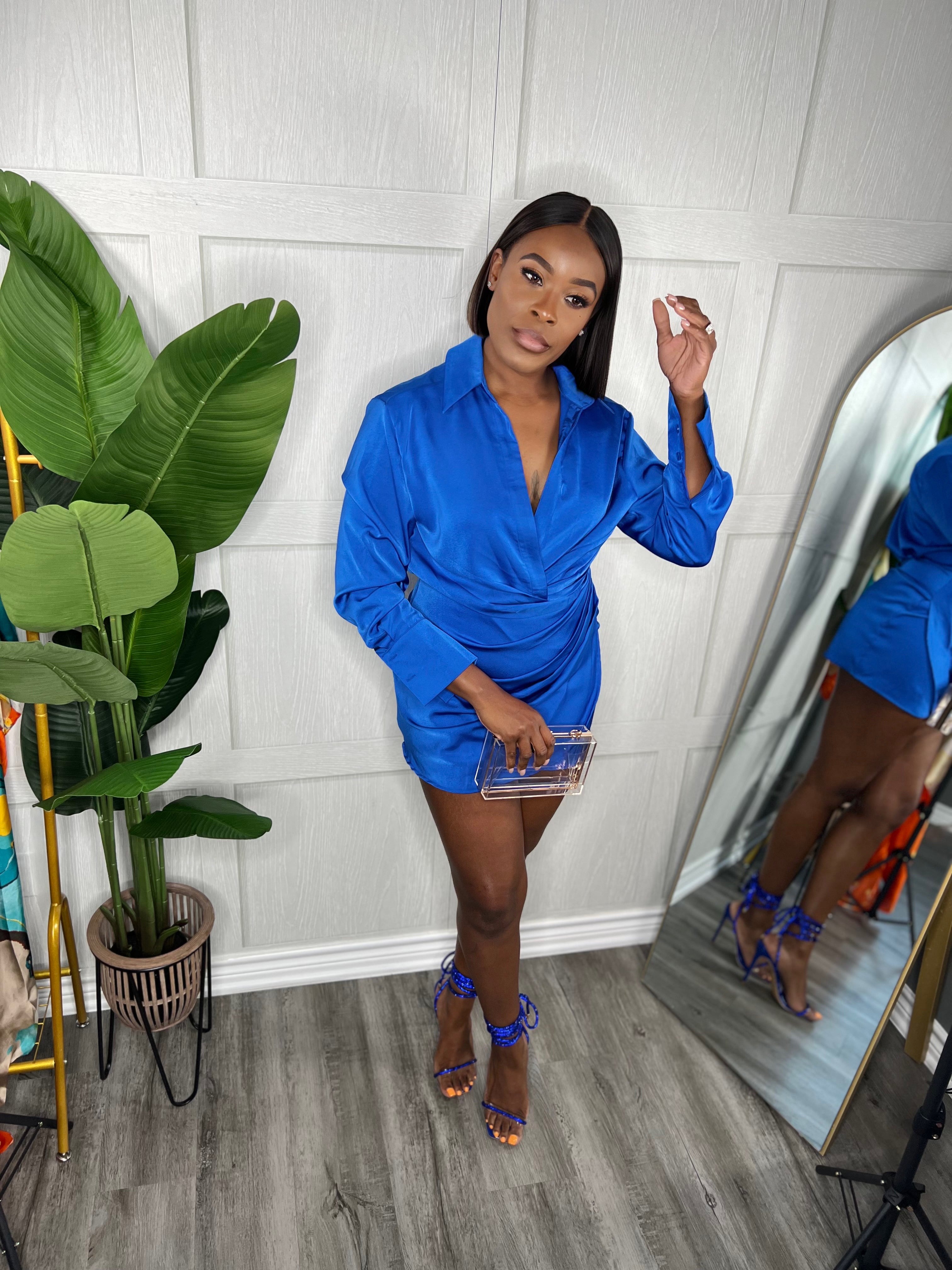 Addicted To Satin Long Sleeve Dress- Royal Blue